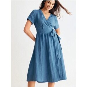 Grae Cove Blue Linen Wrap Dress Size Medium